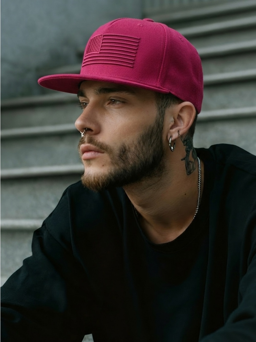 Men's Magenta Snapback Cap with Embroidered Flag